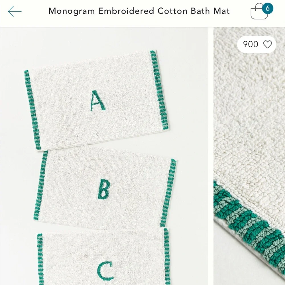 Anthropologie Monogram Embroidered Cotton Bath Mat -‎ White with Green Accents